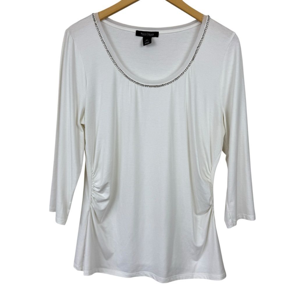 White House Black Market White Scoop Neck 3/4 Sleeve Ruched Top Womens Size XL - Picture 1 of 6